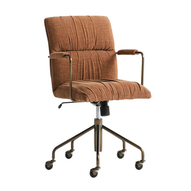 Front angled view of Crate & Barrel Draper Ginger Upholstered Office Chair with padded ginger upholstery, slim armrests, and adjustable rolling base