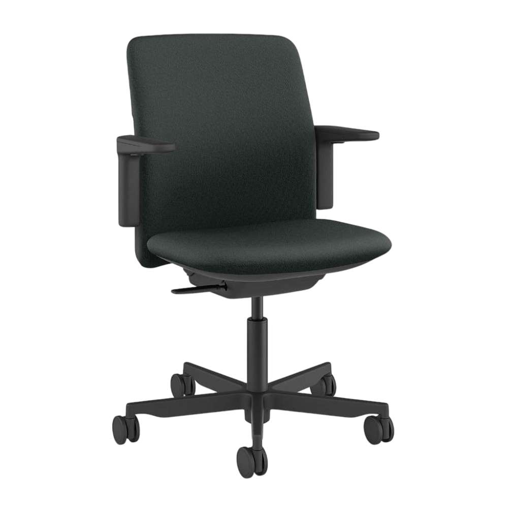 Front angled view of Crate & Barrel Humanscale® Path Green Eco Knit Office Chair with a green upholstered seat and backrest, black armrests, and a five-wheel rolling base
