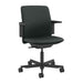 Front angled view of Crate & Barrel Humanscale® Path Green Eco Knit Office Chair with a green upholstered seat and backrest, black armrests, and a five-wheel rolling base