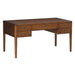 Front angled view of Crate & Barrel Morris 60" Chocolate Brown Writing Desk featuring five drawers, metal pulls, and a large work surface