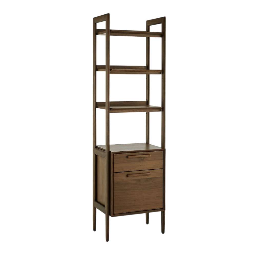 Front angled view of Crate & Barrel Tate 22" Walnut Bookcase File Cabinet with open shelving, a storage drawer, and a lower file cabinet in walnut wood