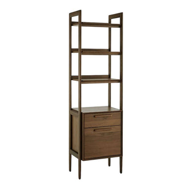 Front angled view of Crate & Barrel Tate 22" Walnut Bookcase File Cabinet with open shelving, a storage drawer, and a lower file cabinet in walnut wood