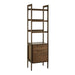 Front angled view of Crate & Barrel Tate 22" Walnut Bookcase File Cabinet with open shelving, a storage drawer, and a lower file cabinet in walnut wood
