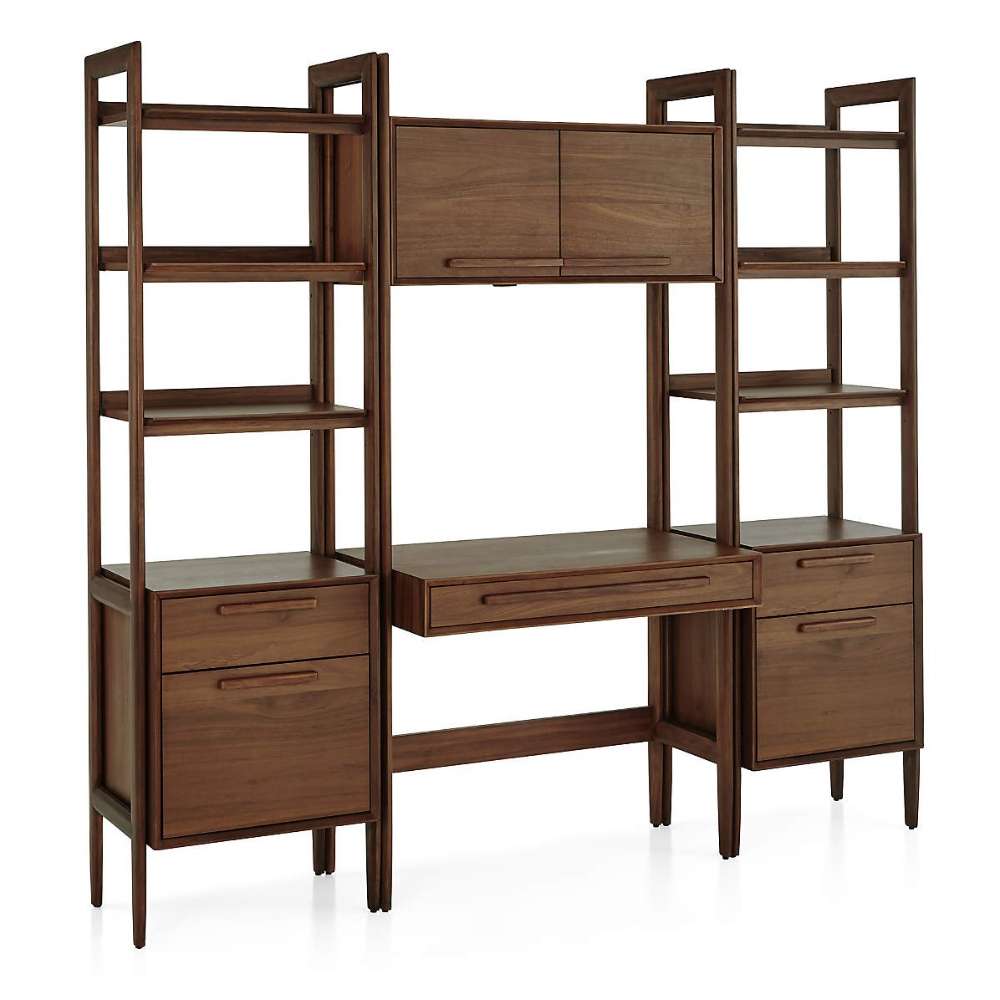 Front angled view of Crate & Barrel Tate Walnut Bookcase Desk with Outlet with 2 Bookcase File Cabinets featuring a central desk, shelves, and file drawers