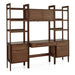 Front angled view of Crate & Barrel Tate Walnut Bookcase Desk with Outlet with 2 Bookcase File Cabinets featuring a central desk, shelves, and file drawers