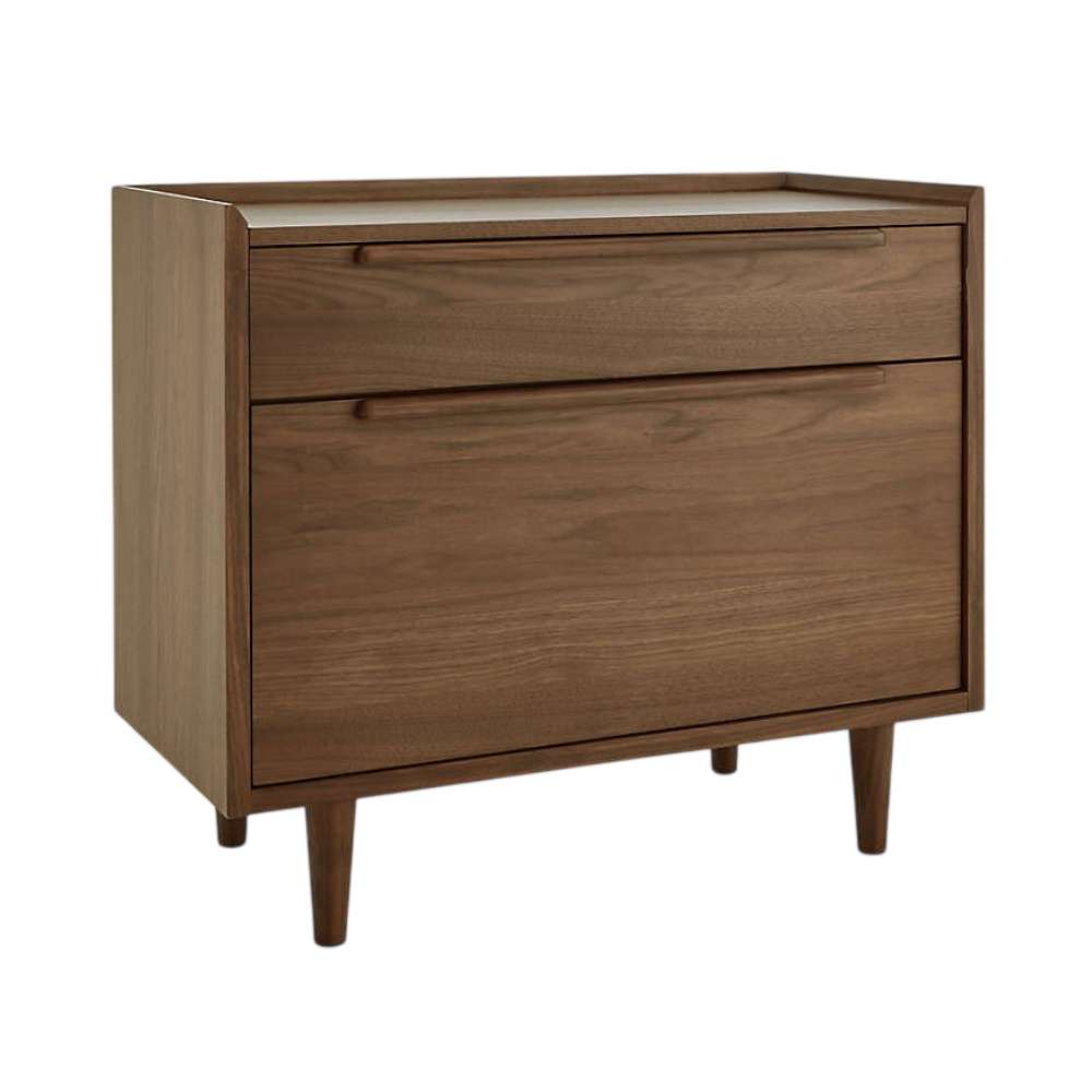 Front angled view of Crate & Barrel Tate Walnut Lateral File Cabinet showing its walnut finish, tapered legs, and two spacious drawers