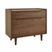 Front angled view of Crate & Barrel Tate Walnut Lateral File Cabinet showing its walnut finish, tapered legs, and two spacious drawers