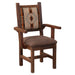 Front angled view of Fireside Lodge Barnwood Colonial Arm Chair showing its rustic barnwood frame, padded brown seat, and Southwestern-style patterned backrest