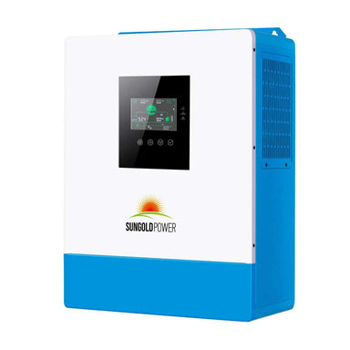 Front angled view of Sun Gold Power 5000W 48V Solar Charger Inverter [Parallel, 100A MPPT] with its built-in LCD display and compact wall-mounted design