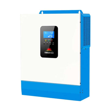 Front angled view of Sun Gold Power 5000W 48V Solar Charger Inverter [Single, 80A MPPT] featuring a compact white and blue enclosure with a built-in LCD control panel