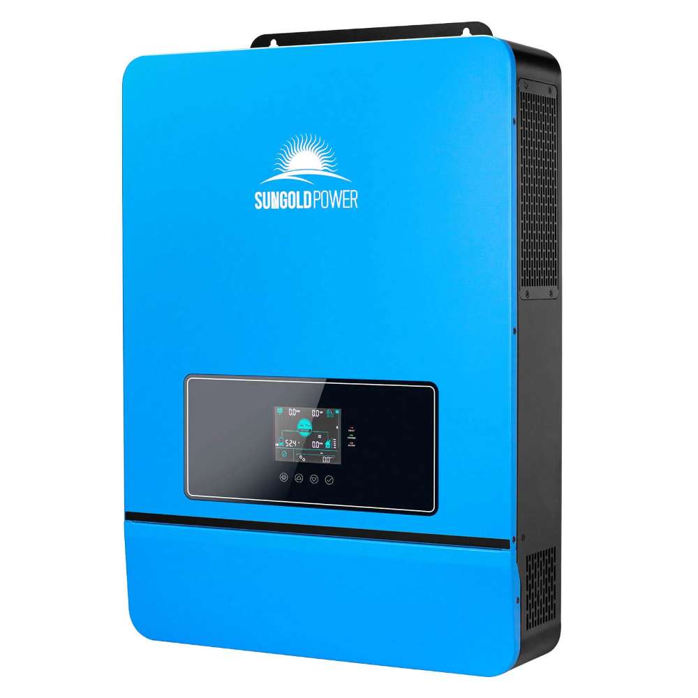 Front angled view of Sun Gold Power 8000W 48V Split Phase Solar Inverter with a blue housing and built-in LCD touchscreen