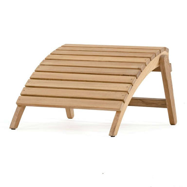 Front angled view of Westminster Teak Adirondack Footrest featuring smooth teak slats and sturdy wooden legs