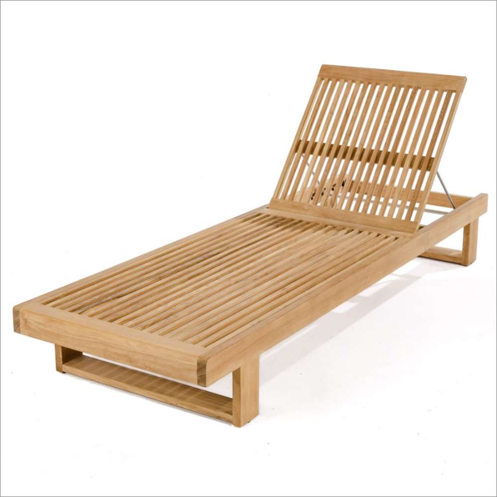 Front angled view of Westminster Teak Horizon Chaise Lounger without cushions shows its clean teak slats and sturdy rectangular base