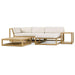 Front-angled view of Westminster Teak Maya 4pc Lounge Set showing a teak sectional sofa, chaise lounge, coffee table, and side table with light cushions on a white background