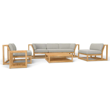 Front angled view of Westminster Teak Maya 6pc Lounge Sofa Set, displaying a sofa, chairs, and a low rectangular coffee table with clean, modern lines