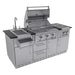 Front-angled view shows the Sunstone Caprice 6ft 4in Outdoor Grill & Bar Sink Outdoor Island Package with a built-in grill, sink, ice chest, and side burners
