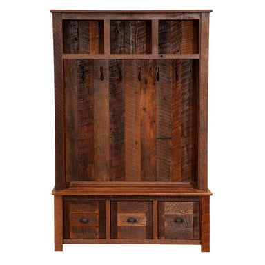 Front-facing view of Fireside Lodge Barnwood Entry Locker showing its tall wooden back, five hooks, and three closed drawers at the bottom