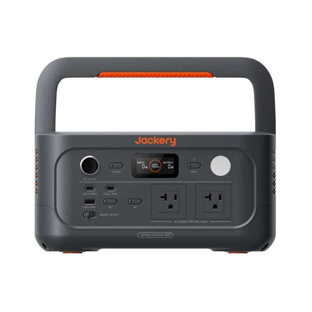 Front-facing view of Jackery Explorer 500 v2 Portable Power Station showcases its display, AC outlets, USB ports, and built-in carry handle