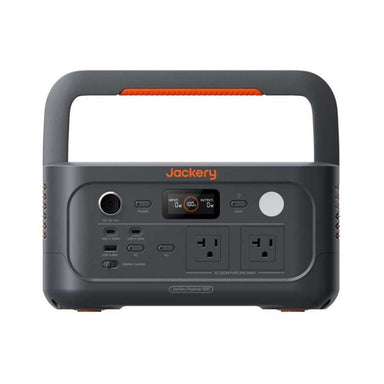 Front-facing view of Jackery Explorer 500 v2 Portable Power Station showcases its display, AC outlets, USB ports, and built-in carry handle