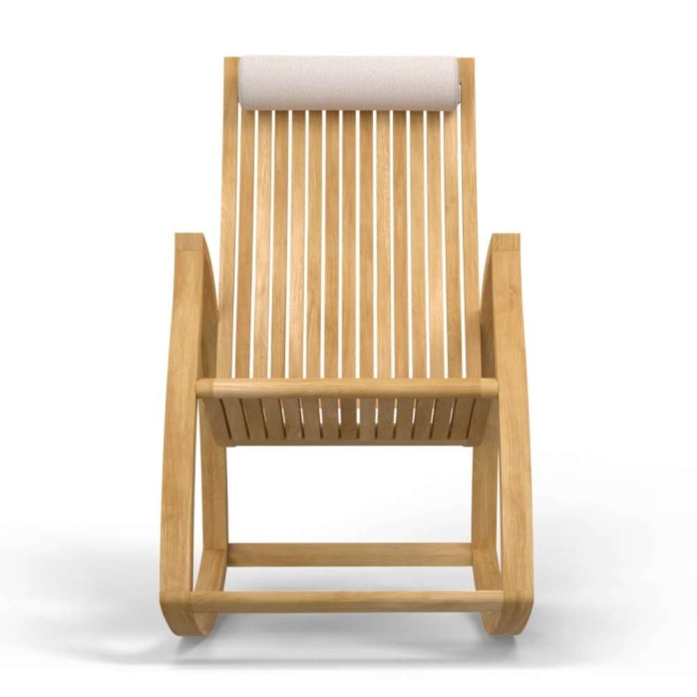 Front-facing view of Westminster Teak Aria Rocker highlights its seat, armrests, and optional head cushion for added comfort
