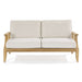 Front-facing view of Westminster Teak Laguna Sofa shows two thick seat cushions and two back cushions resting on the teak frame