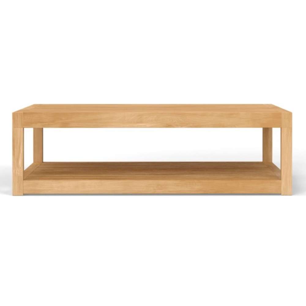 Front-facing view of Westminster Teak Maya Teak Coffee Table emphasizes its low profile, sturdy legs, and spacious lower shelf