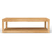 Front-facing view of Westminster Teak Maya Teak Coffee Table emphasizes its low profile, sturdy legs, and spacious lower shelf