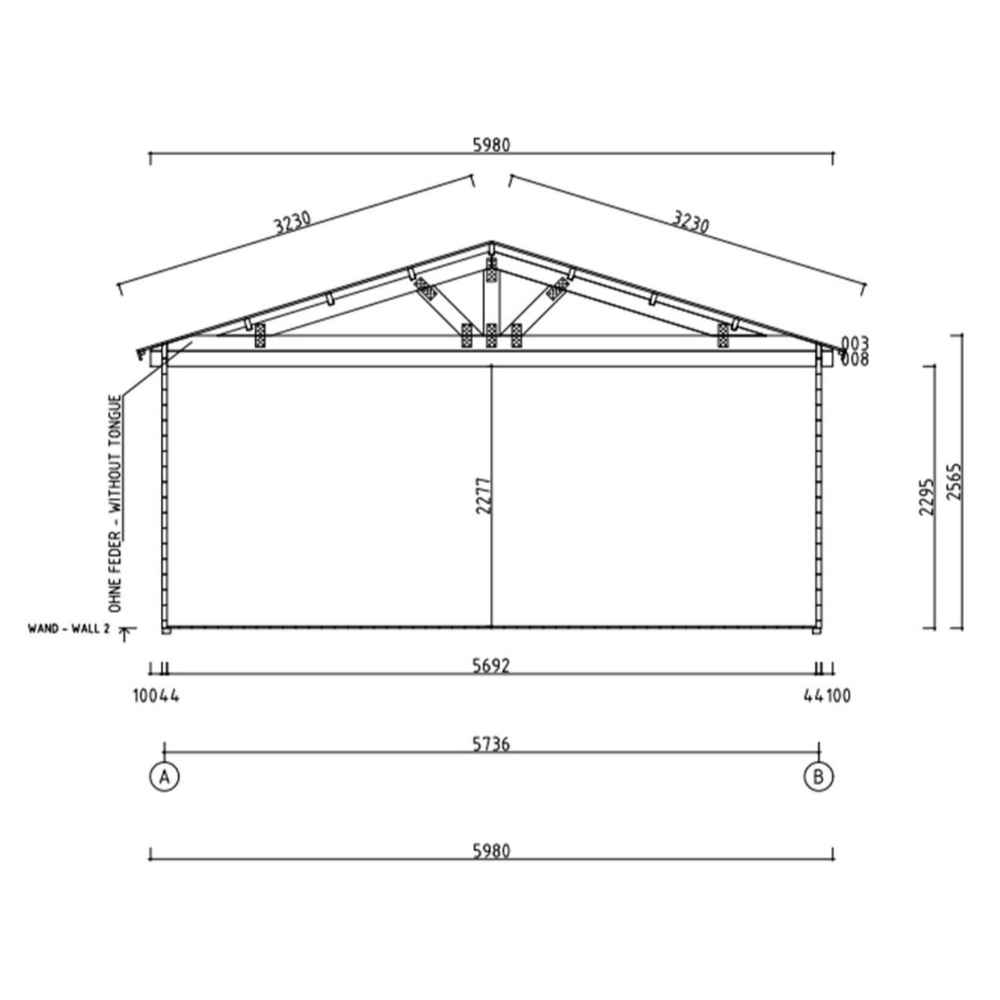 Front-facing architectural blueprint showing roof angles and wall dimensions for the GardenHouse24 USA ALU Concept Arosa 44C Garden Room