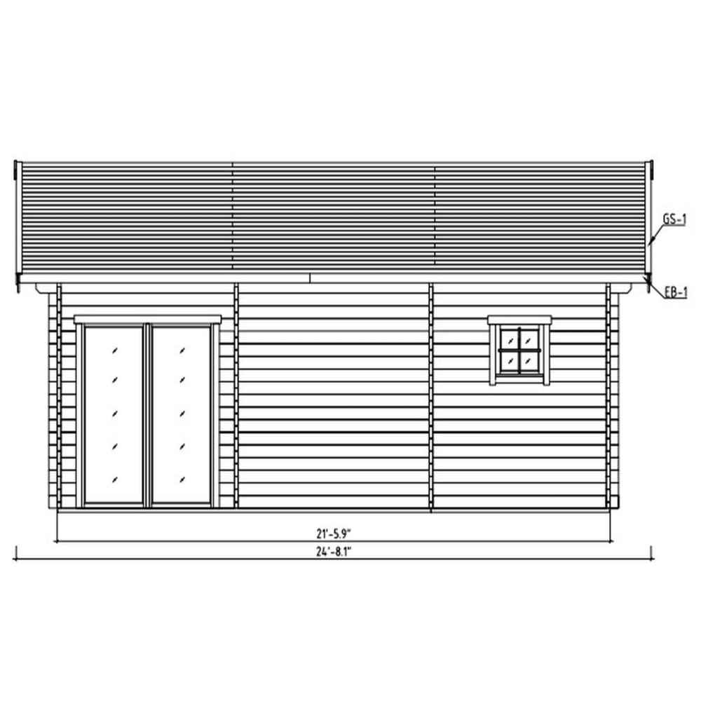 Front-facing architectural line drawing shows the width of the GardenHouse24 USA Sigrid 44 Garden Room with a double door and side window