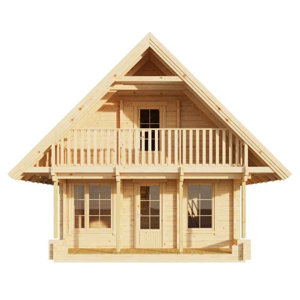Front-facing architectural view shows the symmetrical design and balcony of the GardenHouse24 USA Anders 90A Garden Room