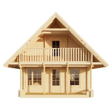 Front-facing architectural view shows the symmetrical design and balcony of the GardenHouse24 USA Anders 90A Garden Room