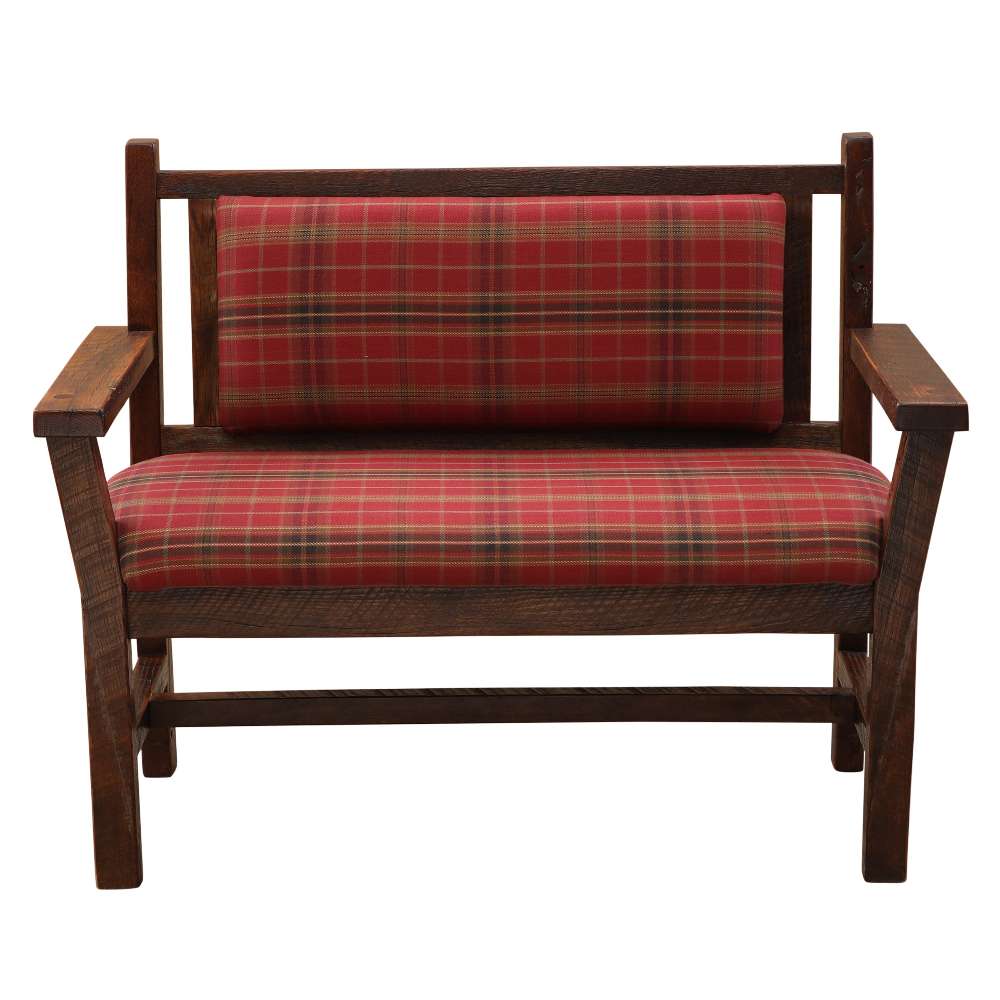 Front-facing image of Fireside Lodge Barnwood Upholstered Bench with Arms and Back highlights its sturdy build, wide armrests, and cozy red plaid upholstery