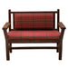 Front-facing image of Fireside Lodge Barnwood Upholstered Bench with Arms and Back highlights its sturdy build, wide armrests, and cozy red plaid upholstery