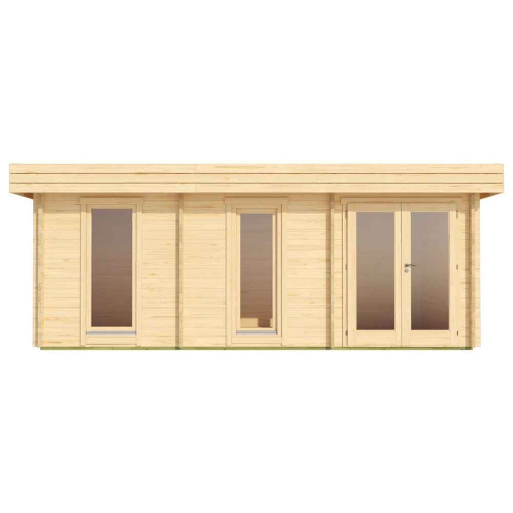 Front-facing image of the GardenHouse24 USA Miriam 44C Modern Garden Room clearly showing the three tall windows and central glass doors