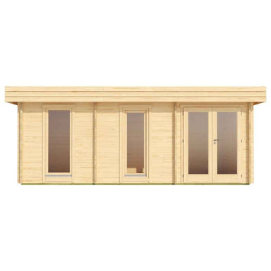 Front-facing image of the GardenHouse24 USA Miriam 44C Modern Garden Room clearly showing the three tall windows and central glass doors