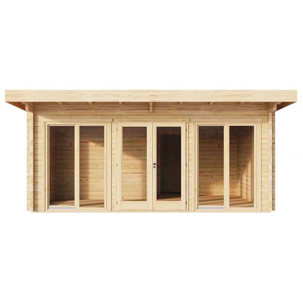 Front-facing image of the GardenHouse24 USA Taunus 70 Garden Room shows a clean, symmetrical wooden facade with five glass-panel doors