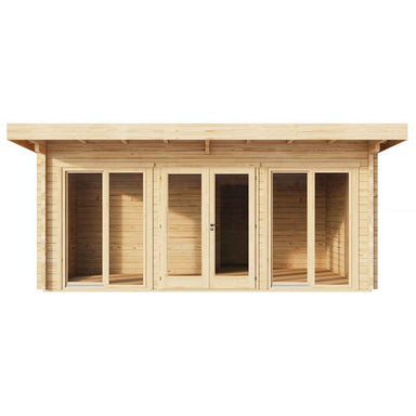 Front-facing image of the GardenHouse24 USA Taunus 70 Garden Room shows a clean, symmetrical wooden facade with five glass-panel doors