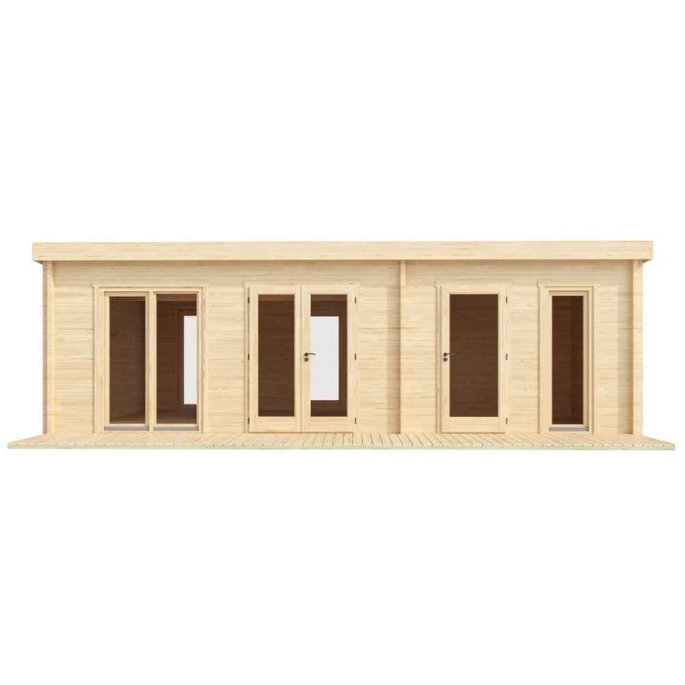 Front-facing image shows the natural wood finish and multiple entryways of the GardenHouse24 USA Henning 70 Garden Room