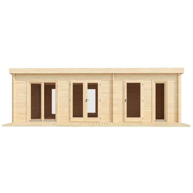 Front-facing image shows the natural wood finish and multiple entryways of the GardenHouse24 USA Henning 70 Garden Room