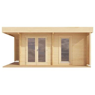 Front-facing render of the GardenHouse24 USA Asta 70 Garden Room features glass double doors and a tall window, highlighting its minimalist design