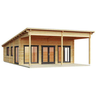 Front-facing view of the GardenHouse24 USA Hedland 70 Garden Room features its symmetrical design, modern doors, and sheltered entrance patio