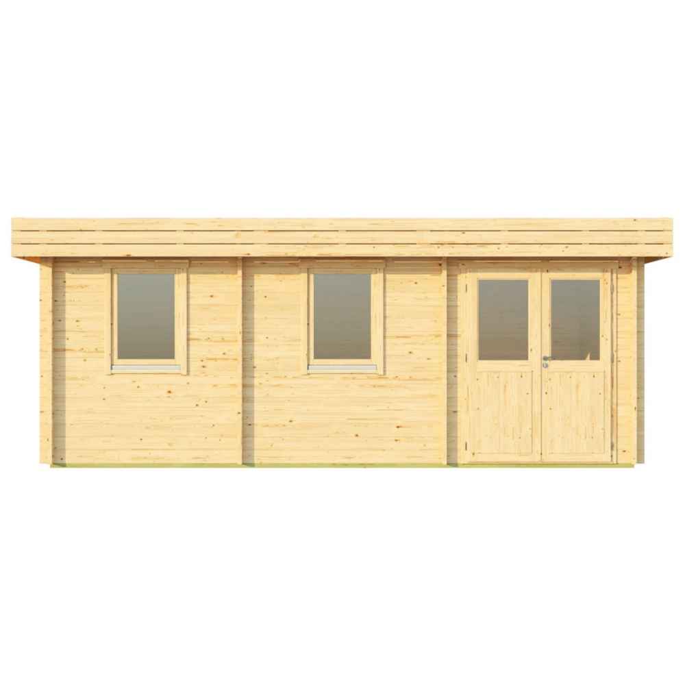 Front-facing view of the GardenHouse24 USA Miriam 44C Classic Garden Room shows its symmetrical design with two windows and a central door