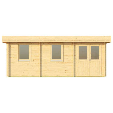 Front-facing view of the GardenHouse24 USA Miriam 44C Classic Garden Room shows its symmetrical design with two windows and a central door