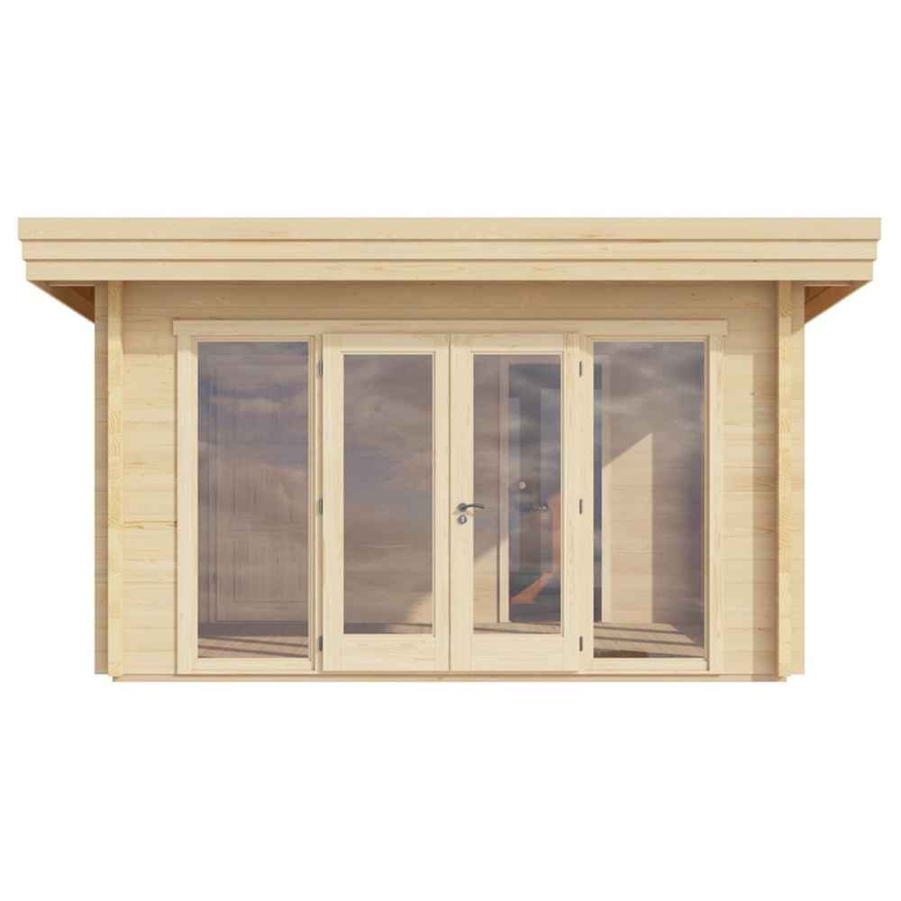 Front-facing view of the GardenHouse24 USA Sauna Tanonka 70 Garden Room shows its symmetrical glass doors and natural timber exterior
