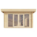 Front-facing view of the GardenHouse24 USA Sauna Tanonka 70 Garden Room shows its symmetrical glass doors and natural timber exterior