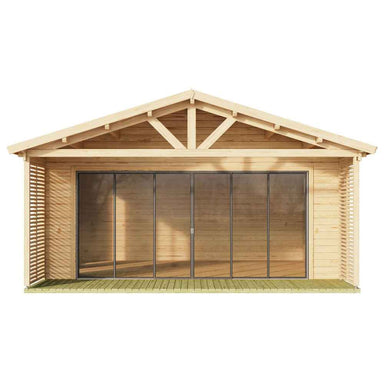 Front-on image reveals the full-width glass façade and covered patio area of the GardenHouse24 USA ALU Concept Arosa 70C Garden Room