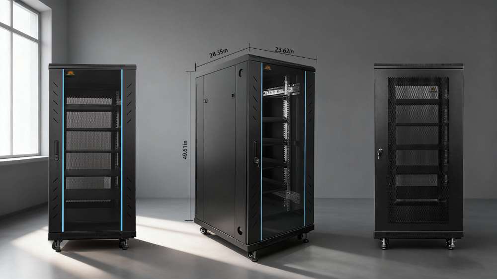 Front, side, and rear views of Sun Gold Power Enclosed Battery Cabinet 6 Slot with Bus Bar with overall dimensions