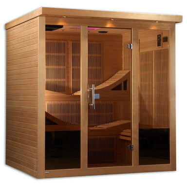 Front three-quarter view of Golden Designs Monaco Near Zero EMF Far IR Sauna showing a light hemlock cabin with a bronze tinted glass front and angled interior benches