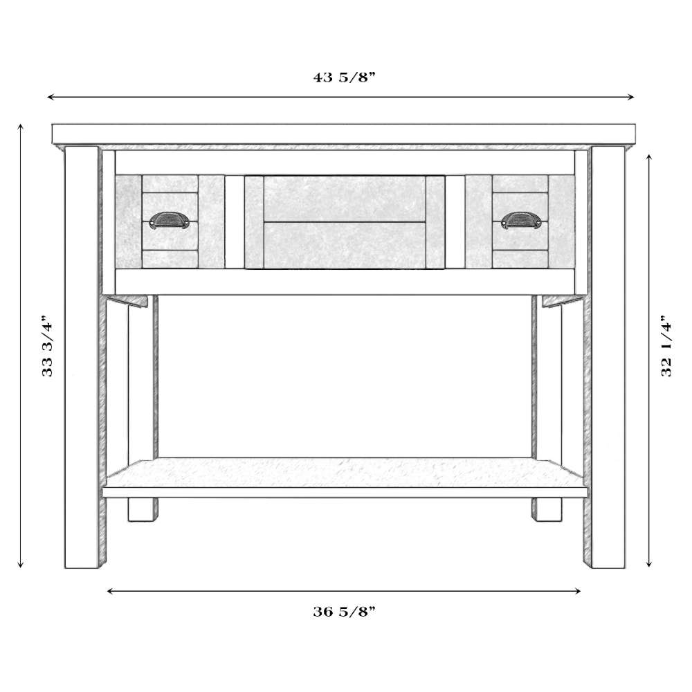 Front-view diagram of Fireside Lodge Barnwood Two Drawer Open Vanity with Shelf and Artisan Top, showing a 43 5/8-inch-wide rustic wood bathroom vanity with two drawers and a lower open shelf