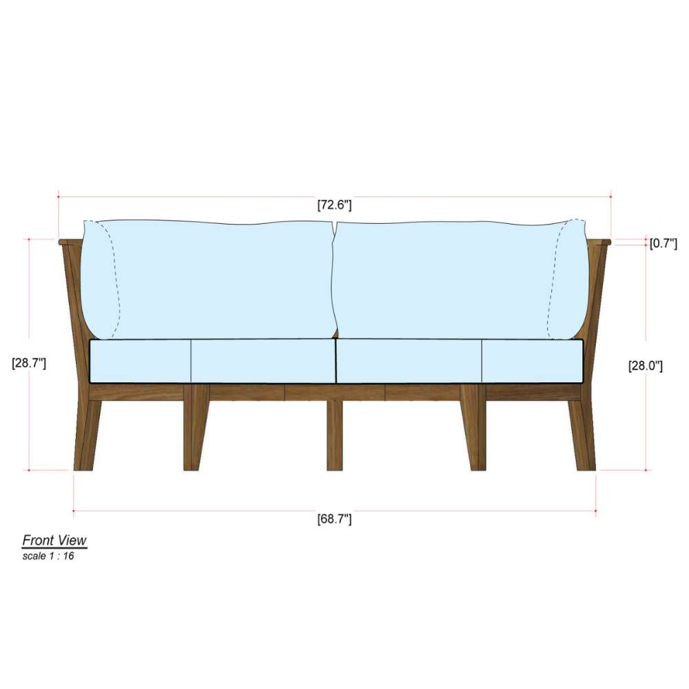 Front-view diagram of Westminster Teak Kafelonia Sofa Sectional displays its measurements, showing a wide cushioned seat and angled wooden arms